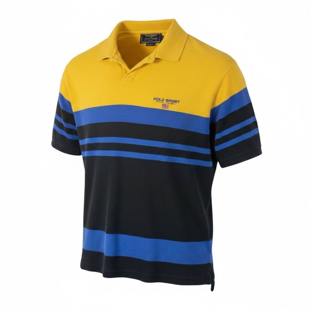 Polo Sport Ralph Lauren Men's Yellow/Blue/Black Striped Cotton Polo Size L